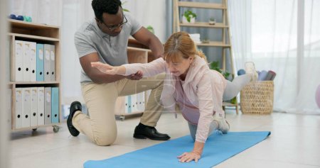 Photo for Physiotherapist, body stretching and senior woman for rehabilitation, recovery and black man stretching client. Retirement physiotherapy, injury healing and physical therapist help elderly patient. - Royalty Free Image