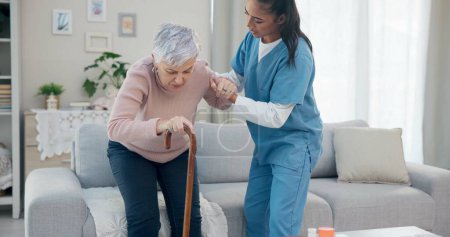 Photo for Caregiver support, disabled and old woman with walking stick for help, senior wellness care or old age movement disability. Retirement, nursing home volunteer or nurse helping patient with getting up. - Royalty Free Image
