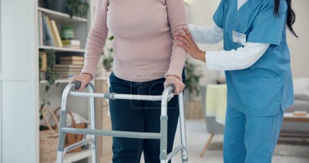 Photo for Caregiver, hands or elderly woman walking with walker for support, geriatric senior care or old age movement disability. Retirement nursing home, disabled or closeup nurse helping patient with moving. - Royalty Free Image
