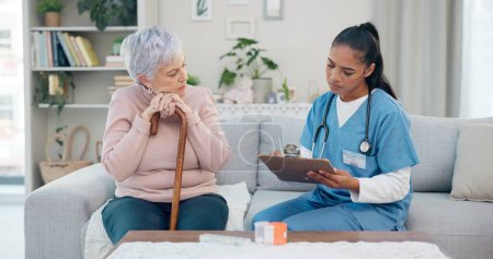 Photo for Clipboard, senior woman and nurse talking, ask question or writing client info, medical summary or healthcare survey. Checklist, home and retirement caregiver speaking to elderly patient about pills. - Royalty Free Image
