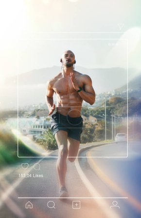 Photo for Fitness, running and man with social media overlay for online post, sports blog and update. Mockup, wellness and person with frame on street for exercise, training and workout for cardio outdoors. - Royalty Free Image