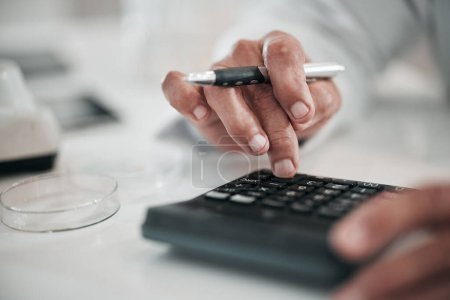 Photo for Businessman, writing and hands with a calculator and pen for profit, numbers or working on tax, income or finance report. Accounting, calculations or person with financial budget, planning or saving. - Royalty Free Image