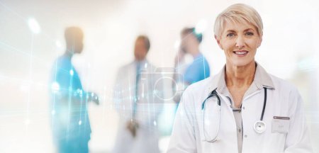 Photo for Senior woman, doctor and digital transformation in portrait, healthcare and tech innovation with hologram. Medical research, overlay and mockup space, 3D and futuristic health with growth and service. - Royalty Free Image