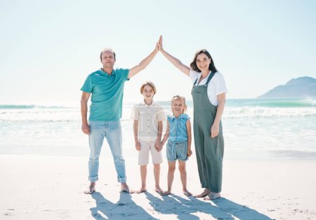 Photo for Happy family, portrait and beach for summer vacation, travel or outdoor holiday together. Father, mother and children smile in happiness on ocean coast for fun day, bonding or break at sea on mockup. - Royalty Free Image