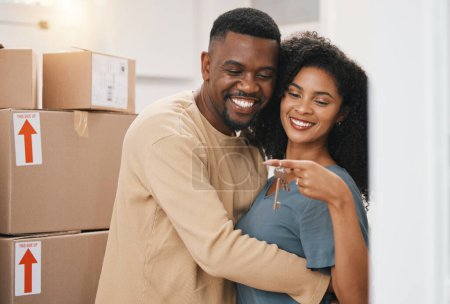 Photo for Happy black couple, keys and real estate for new home, property or investment in goals or mortgage together. Excited man and woman holding access to house, apartment or building for room or rent. - Royalty Free Image