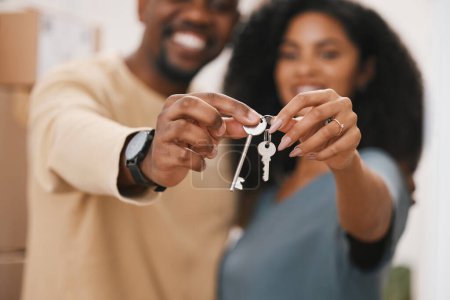 Photo for Happy couple, hands and keys in real estate, new home or property for investment, goals or mortgage together. Closeup of man and woman holding access to house, apartment or building for room or rent. - Royalty Free Image