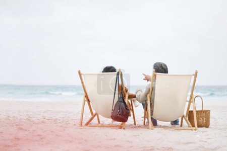 Photo for Relax beach, chair and back of couple love, support and communication on travel holiday, vacation or outdoor nature. Ocean sea water, sky mockup and marriage people freedom, wellness or island bond. - Royalty Free Image