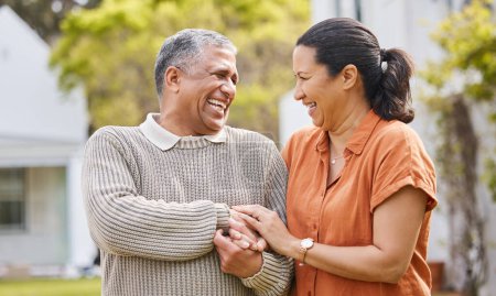 Photo for Love, happy and laughing with old couple holding hands for support, romance or bonding. Retirement, smile and marriage with senior man and woman in backyard of home for relationship, care and relax. - Royalty Free Image