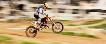 Photo for Motorcycle, balance and motion blur with a man on space at a race course for dirt biking. Bike, fitness and power with a person driving fast on sand or off road for freedom, performance or challenge. - Royalty Free Image