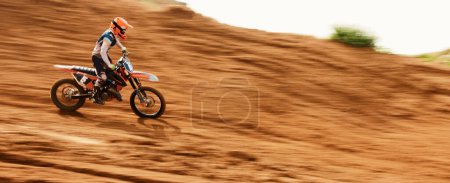 Photo for Motorcycle, freedom and motion blur with a sports man on space in the desert for dirt biking. Bike, fitness and power with a person driving fast on an off road course for challenge or performance. - Royalty Free Image