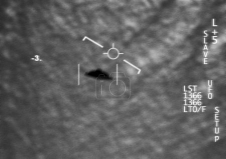 Photo for Satellite image, UFO spaceship and screen at night with FBI investigation and alien evidence. Surveillance, photo and area 51 recording of flying saucer and galaxy survey for mystery object in sky. - Royalty Free Image