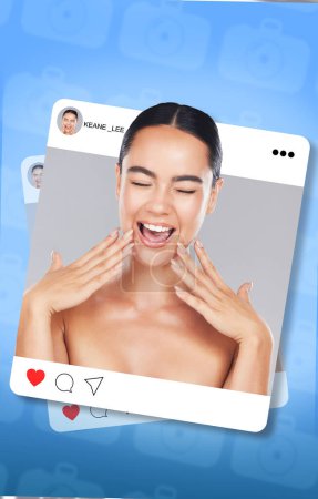 Photo for Social media, post and content creation, beauty and happy woman with frame, dermatology and excited influencer. App, profile picture and overlay with skincare, cosmetic care and photography display. - Royalty Free Image