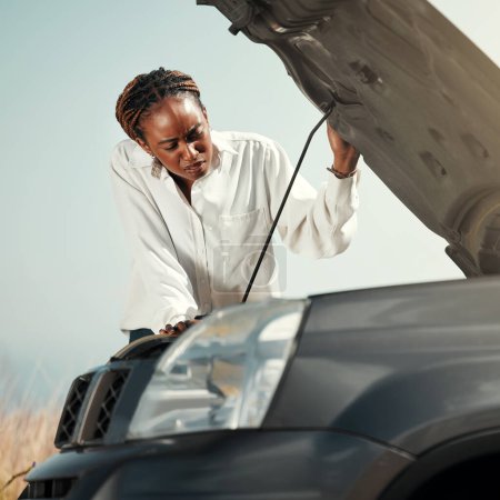 Photo for Confused, broken car and black woman in the road with stress for engine problem or emergency. Transportation, travel and upset young African female person by bonnet for motor accident in the street - Royalty Free Image