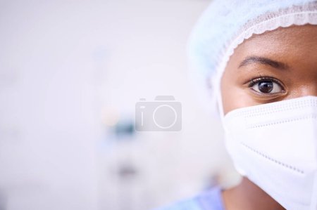 Photo for Portrait, face mask or hospital woman, surgeon or healthcare expert for surgery procedure, clinic service or help. Nurse specialist, mockup advertising space or doctor commitment in operating theatre. - Royalty Free Image