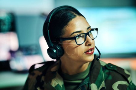 Photo for Call center, woman and face with microphone and glasses for information technology, big data or intelligence agency. Cyber security, person and focus for communication, analysis and support to army. - Royalty Free Image