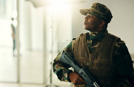 Photo for Thinking, soldier and black man with gun in army, vision and serious in security. Military veteran, rifle and weapon of African professional with idea in camouflage uniform at government agency - Royalty Free Image