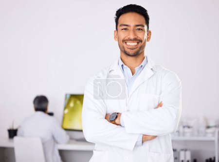 Photo for Portrait, medical and man with arms crossed, research and expert in a laboratory, chemistry and smile. Face, scientist or researcher in a lab coat, healthcare professional and confident with a career. - Royalty Free Image