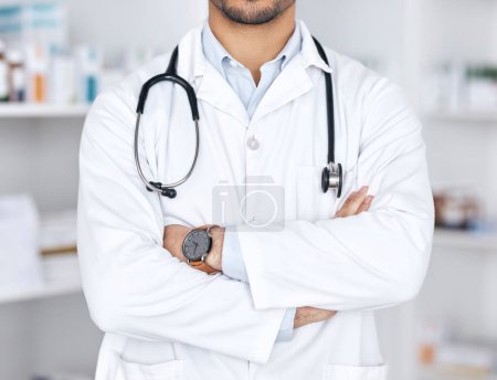 Photo for Healthcare pharmacy, arms crossed and person confident in retail service, hospital clinic and medical support. Wellness, medicine expert and pharmacist for pharmaceutical, supplements and doctor. - Royalty Free Image