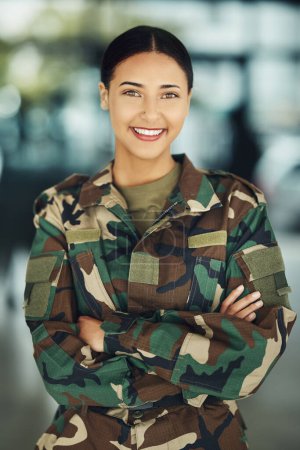 Photo for Portrait, military and woman with arms crossed, smile and war with protection, confident and power. Person, security and lady warrior proud, hero and ready for army, service or training for combat. - Royalty Free Image