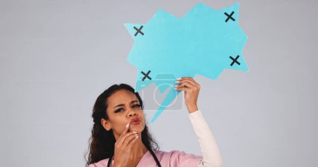 Photo for Nurse, woman thinking and speech bubble in healthcare solution, idea and clinic choice and questions in studio. Decision face of medical doctor with quote poster, tracking marker and white background. - Royalty Free Image