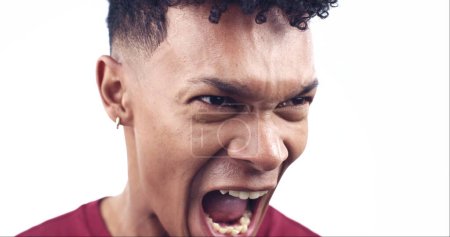 Photo for Angry, screaming and face of man on a white background for emotions, stress and frustrated in studio. Furious, mental health and isolated person shouting with rage for mistake, upset and crisis. - Royalty Free Image
