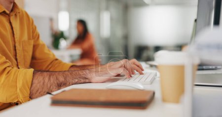 Photo for Hands, typing and person with keyboard, journalist writing article on computer at startup and creativity. Copywriting, productivity with research online, workflow and content creation at office desk. - Royalty Free Image