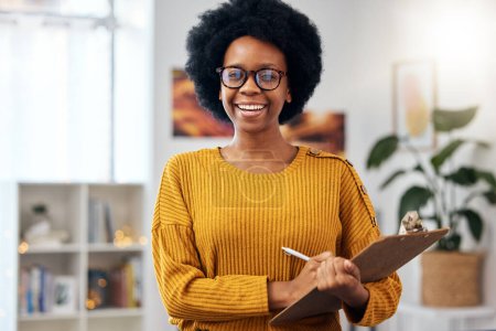 Photo for Portrait, therapist and happy black woman with checklist for counselling in office. Face smile, psychologist in glasses and clipboard for therapy session, psychology counsellor or professional doctor. - Royalty Free Image