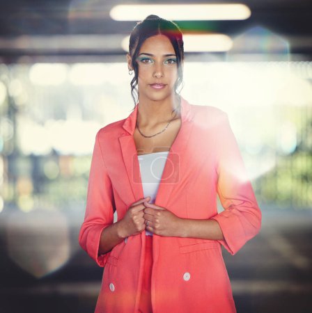 Photo for Business woman, corporate portrait and job in the city with entrepreneur and career pride. Female professional, lawyer style and lens flare with confidence and morning commute in urban parking lot. - Royalty Free Image