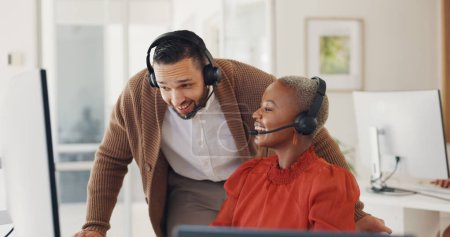 Photo for Customer service, happy man training black woman at computer and call center agent internship in office. Coaching, learning and team, manager with telemarketing consultant at desk and help with sales. - Royalty Free Image