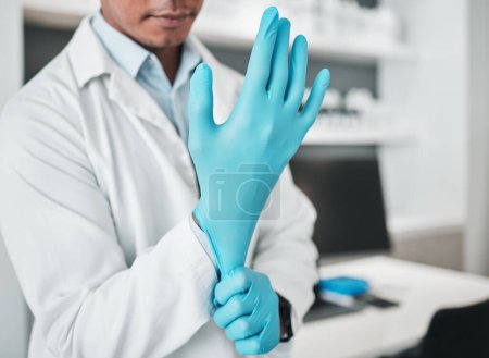 Photo for Hands, science and gloves for healthcare with a person in a laboratory for research or innovation closeup. Safety, medical and a scientist in a lab for analysis, development or discovery in medicine. - Royalty Free Image