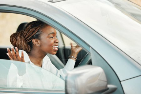 Photo for Frustrated, car or black woman on road in traffic jam on commute journey with stress, anxiety or worry. Travel, stuck or late driver in motor vehicle transportation screaming for attention or driving. - Royalty Free Image