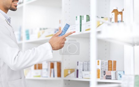 Photo for Medicine shelf, pharmacy hands and person search retail product, shop package or medical clinic stock. Hospital, drugs and pharmacist check pharmaceutical supplements, box label or reading pills info. - Royalty Free Image