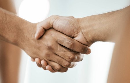 Photo for Partnership, shaking hands in support and fitness with people in competition, challenge and closeup. Handshake, teamwork and collaboration of athlete, agreement and support in cooperation at meeting. - Royalty Free Image