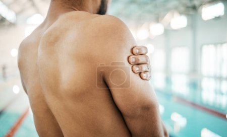 Photo for Shoulder injury, swimming and sports person problem, workout mistake or training fatigue, tired or burnout risk. Joint pain, medical emergency and back of swimmer massage muscle, strain or arm bruise. - Royalty Free Image