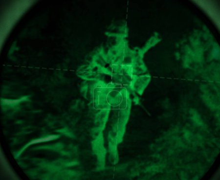 Dark, night vision and soldier in the military, war or mission for army with surveillance, security or agent of government. Green, man or person with overlay of sniper telescope view or enemy.