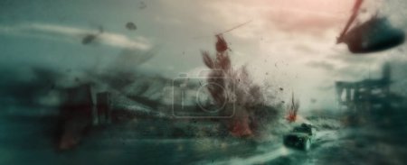 Photo for Army, warzone and explosion with conflict on battlefield for military, nuclear missile launch and apocalypse. Warrior, bomb and attack with target on city for banner, destruction and Armageddon. - Royalty Free Image