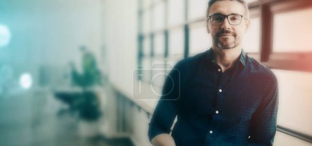 Photo for Portrait, mockup and professional man, designer or expert with job experience, career or startup agency work. Advertising company light, pride and creative person confident in design business. - Royalty Free Image