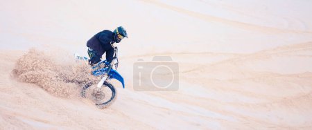 Photo for Motorcycle, person and extreme sport in desert for training with fitness, balance or challenge in nature on mock up space. Bike, freedom and adventure for competition and talent with safety gear. - Royalty Free Image