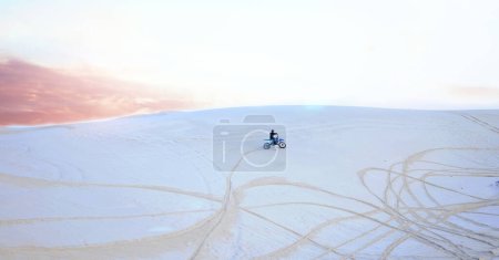 Photo for Nature, sand or athlete driving motorbike for action, adventure or fitness with wellness or adrenaline. Workout, hill or sports driver on motorcycle on dunes in training, exercise or race challenge. - Royalty Free Image