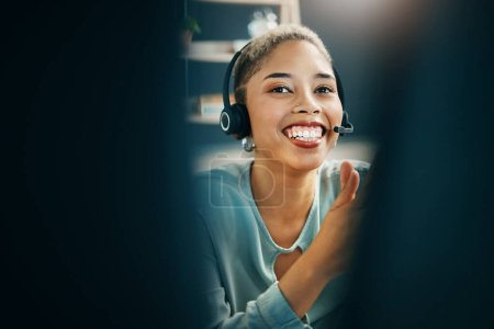 Photo for Portrait, smile and a woman consulting in a call center for customer support, service or assistance. Contact, crm and a happy young receptionist in an office with a headset for sales communication. - Royalty Free Image
