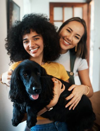Photo for Women, portrait and holding dog with smile in living room of home for puppy, love and happiness indoor. Labrador, animal and people together in house with cuddling and care for bonding and loyalty. - Royalty Free Image