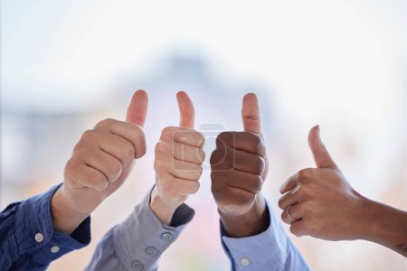 Photo for Business people, hands and thumbs up for teamwork, success and agreement with mockup space. Closeup, group and employees show like emoji, yes sign and thank you for collaboration, support and winning. - Royalty Free Image