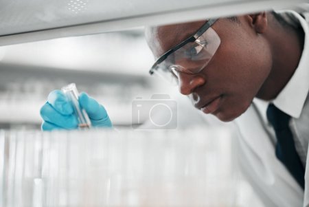 Photo for Man, test tube and science research in laboratory for medical investigation, innovation and vaccine development. African scientist, chemistry and planning analysis for medicine, dna results or sample. - Royalty Free Image