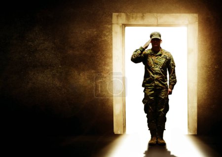 Photo for Military, door and soldier salute for leaving home for service, army duty and battle in camouflage uniform. Mockup, war hero and man at entrance ready for armed forces, country and marine defense. - Royalty Free Image