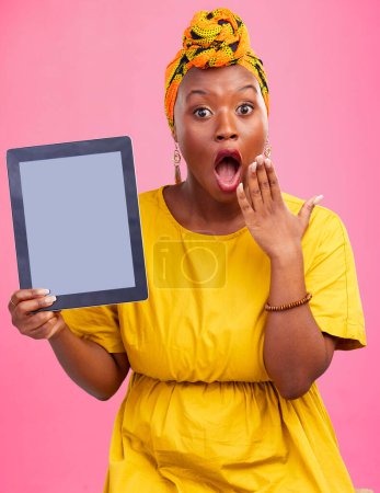 Photo for Tablet, screen and mockup, black woman and surprise face for website ads and technology marketing on pink background. App, UX and logo design with tech brand, wow reaction and information in studio. - Royalty Free Image