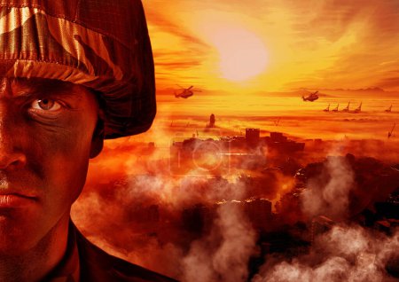 Photo for Conflict, army and portrait of soldier with fire in warzone for service, military duty or battle in camouflage. Apocalypse, fight and face of man with helicopter for armed forces, defense or warfare. - Royalty Free Image