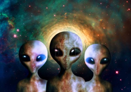 Photo for Gray alien, group and face for invasion, interstellar travel and fantasy for sci fi art, stars or dark night. Extraterrestrial humanoid, sky or together on mission to search universe, galaxy or earth. - Royalty Free Image