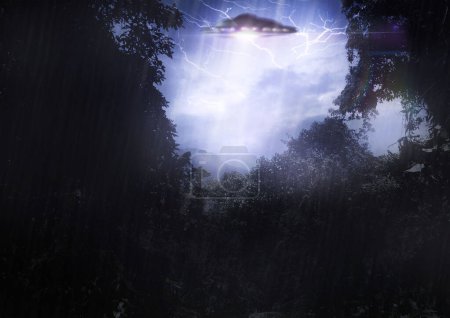 Photo for Ufo, spaceship light and alien in forest for mission, science fiction and fantasy in sky with thunder. Spacecraft, countryside and flying saucer from outer space for invasion, futuristic and mystery. - Royalty Free Image