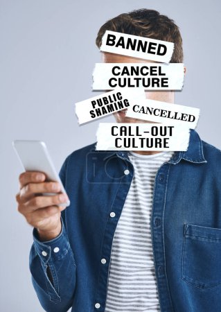 Photo for Cancel culture, overlay and phone with text on person for social media, cyber bullying and toxic message. Free speech, censorship and anger with man on white background for warning, online and voice. - Royalty Free Image