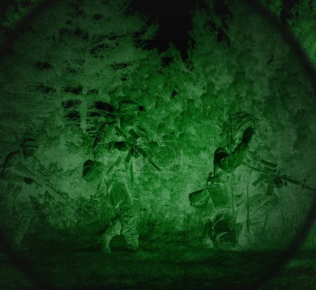 Photo for Night vision, military and soldiers of army outdoor with security at war with green light. Search, surveillance and teamwork with scope and mission with agency working of spy job and sniper target. - Royalty Free Image